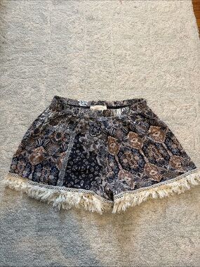 Charlotte Russe Navy & Beige Patchwork Tassel Hem Shorts